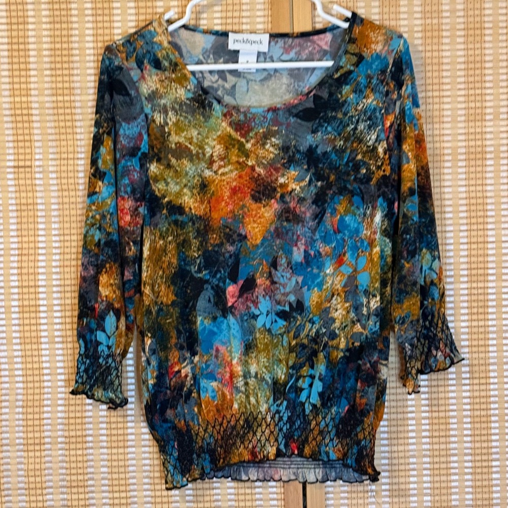 Peck & Peck Women Abstract Floral Smocked Hem Blouse Teal Orange Size M Boho Art